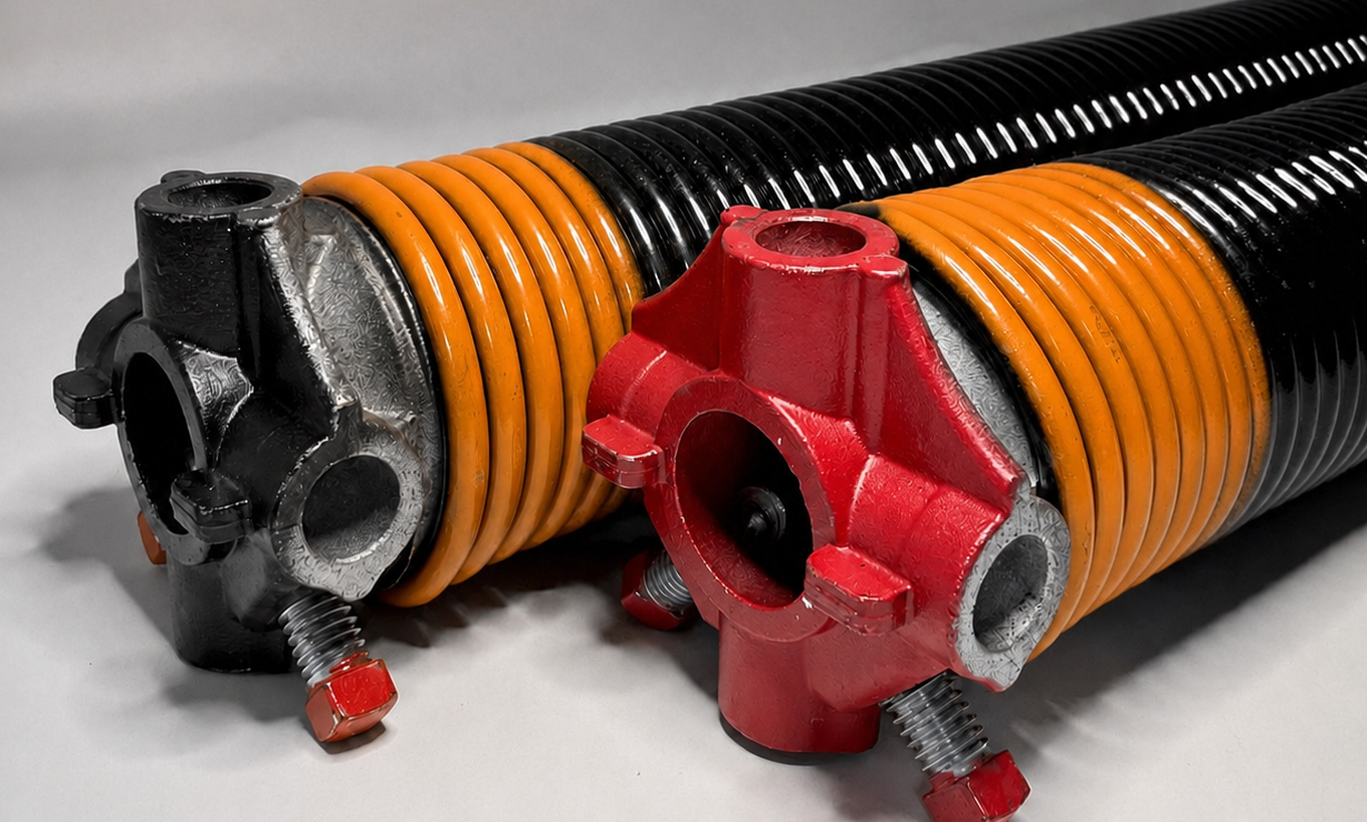 Orange and black garage door torsion springs with winding cones